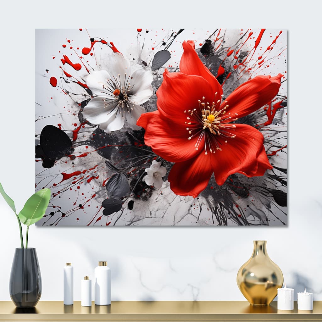 Designart "Red Grey Botanical Symphony I" Abstract Botanicals Metal Wall Art Prints