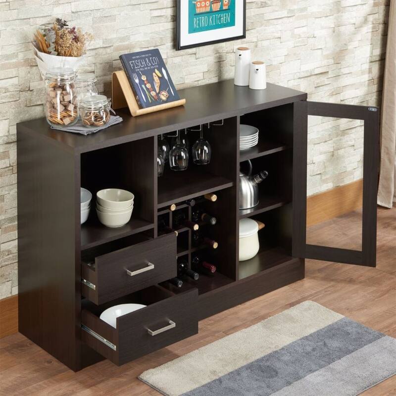 Rustic Oak Wine Server with Storage for Bottles, Glasses, and Essentials - 47" Contemporary Buffet Cabinet
