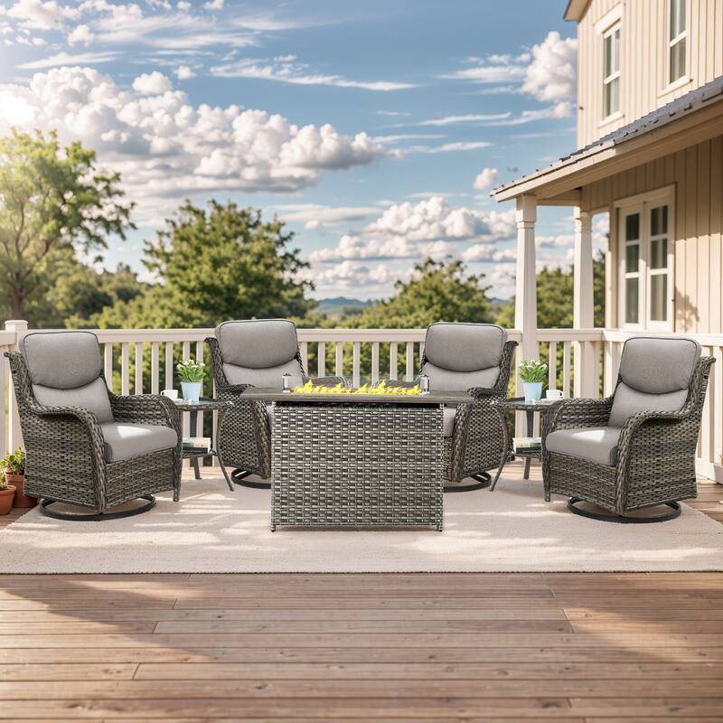 Outdoor Gliders Chairs with Fire Pit Table with 5-Inch Thick Cushions - Grey Rattan - Grey Cushion - 7PCS Swivel Chair Table w/ Rectangular Fire Table
