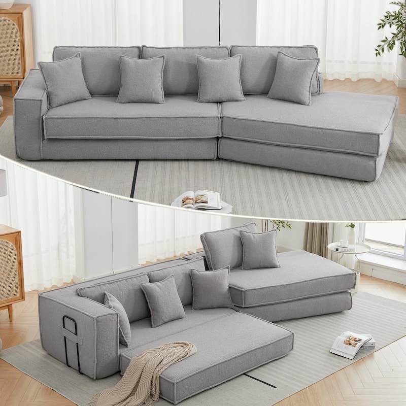Convertible Folding Sofa Bed with Pillow, Velvet Floor Sleeper Couch for Living Room, Space-Saving Gaming Chair Mattress - Gray