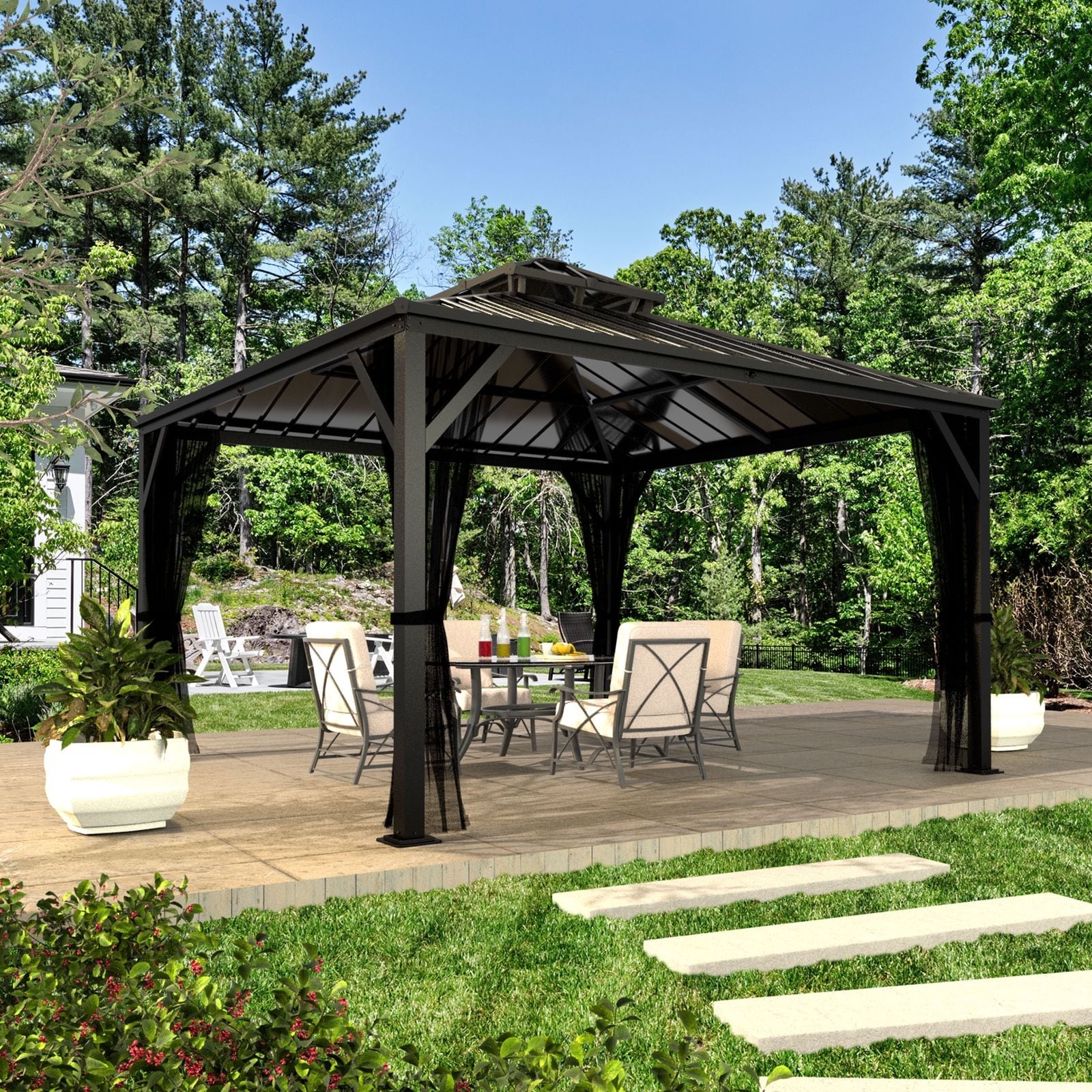 VEIKOUS 2-Tier Roof Patio Hardtop Gazebo with Galvanized Steel Double Roof & Textilene Netting