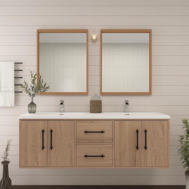 Victoria 60'' Wall-mounted Vanity with Double Reinforced Acrylic Sink - 59.5 - Oak Finish - Red Oak