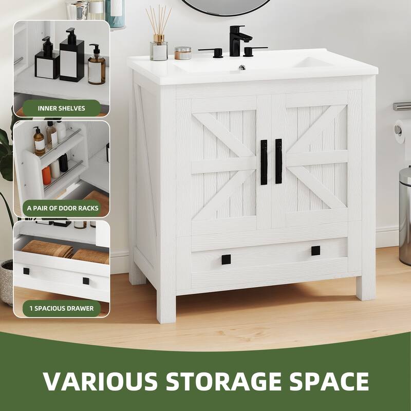 Moasis 30 Inch Farmhouse Bathroom Vanity with Sink and Barn Door Storage for Small Spaces