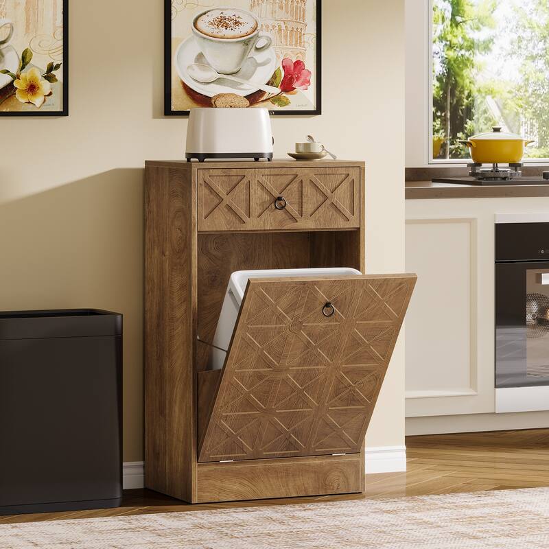 13 Gallon Wooden Fluted Tilt-Out Trash Can Cabinet with Drawer, Hidden Garbage Bin Storage Unit for Kitchen Living Room