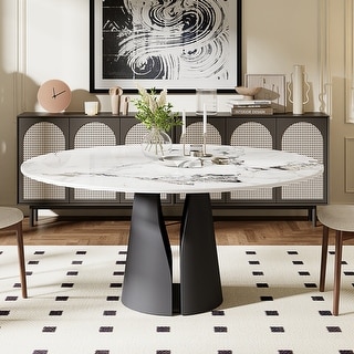 59"Modern Round White Glossy sintered Stone Dining Table, for 6-8 ...