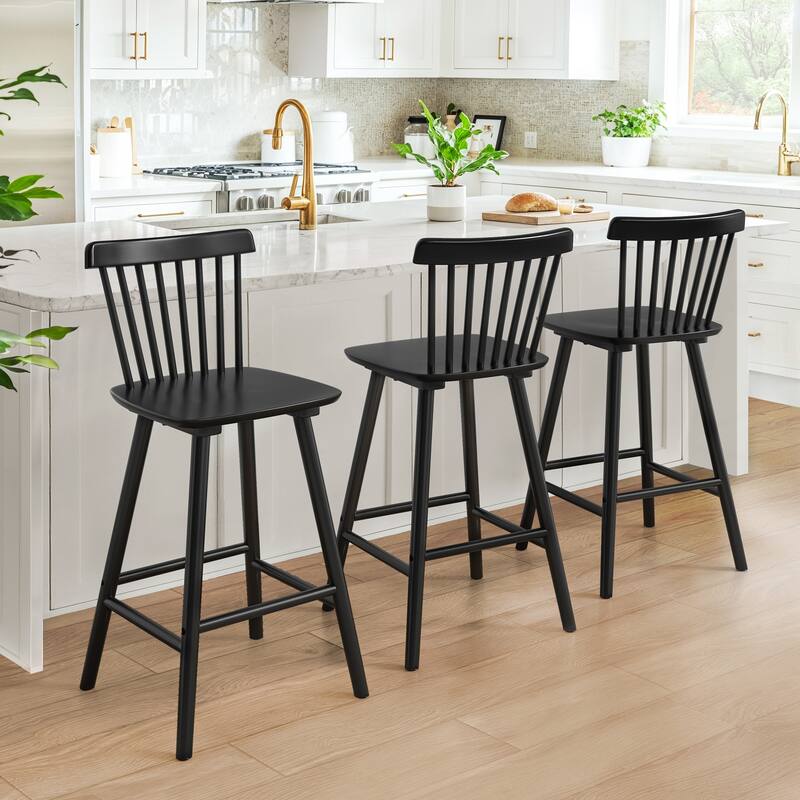26 in. Modern Wooden Bar Stools with Slat Back Windsor-Style Solid Wood Counter Stools - 17.7 in. W x 17.7 in. D x 38.5 in. H