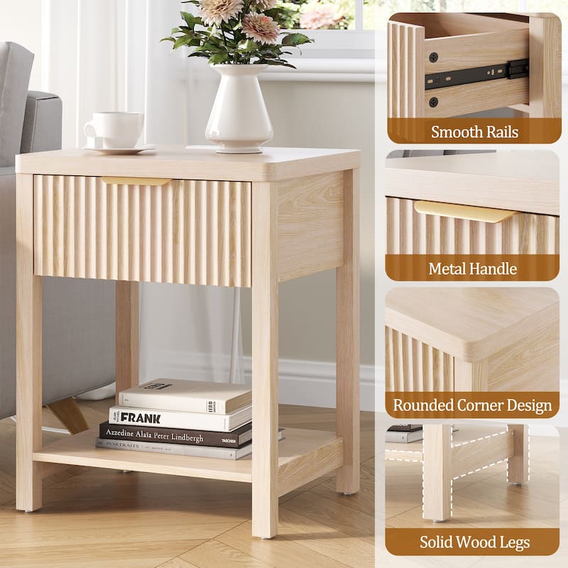 Nightstand with Drawers Fluted Bedside Table with Charging Station