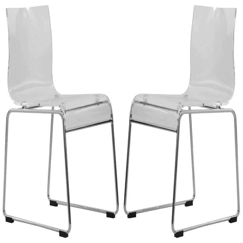 Lima Modern Contemporary Transparent Stackable Acrylic in Chrome Steel Dining Accent Side Chair Set of 2 - Clear