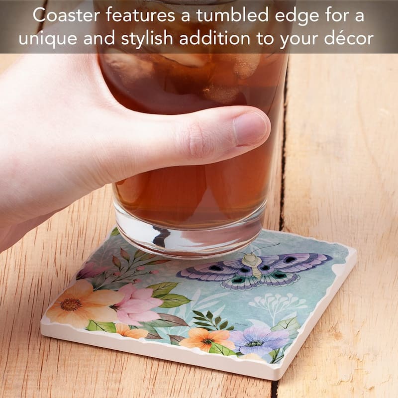 CounterArt Purple Butterfly Bloom Absorbent Stone Tumbled Tile Coaster Set of 4 Made in The USA Protective Cork Backing