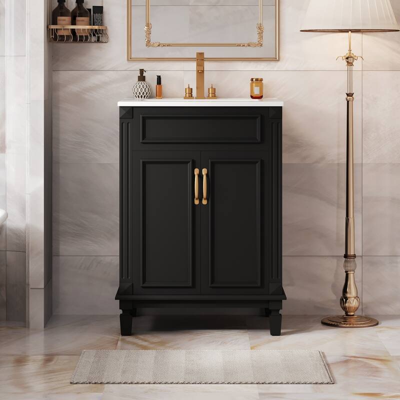 GDFStudio - Modern Bathroom Vanity with Ceramic Sink and 2 Soft-Closing Doors & Adjustable Shelf - 24'W - Black