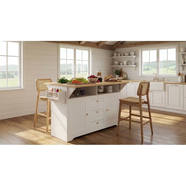 56" Kitchen Island with 2 Drop Leaf, Rolling Kitchen Cart with Power Outlet & 3 Drawers, Storage Table with Spice & Towel Rack