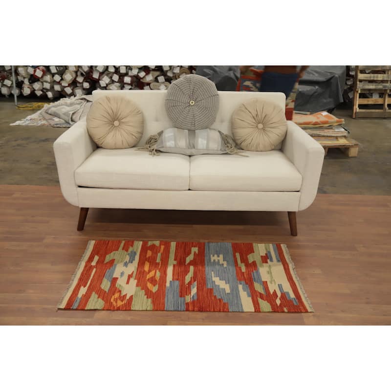 Hand Woven Oriental 100% Wool Carpet Southwestern Modern Oranges & Rust Kilim Area Rug - 4' 0'' X 2' 1''