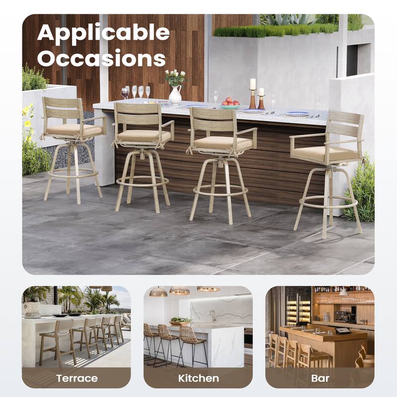 Outdoor Aluminum Patio Bar Stools Swivel Chairs with Sunbrella Cushions - 19.5 in W * 45.3 in H * 17.5 in D