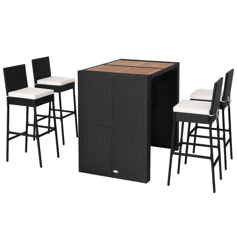 Costway 5-Piece Patio PE Wicker Bar Set Outdoor Acacia Wood Dining - See Details