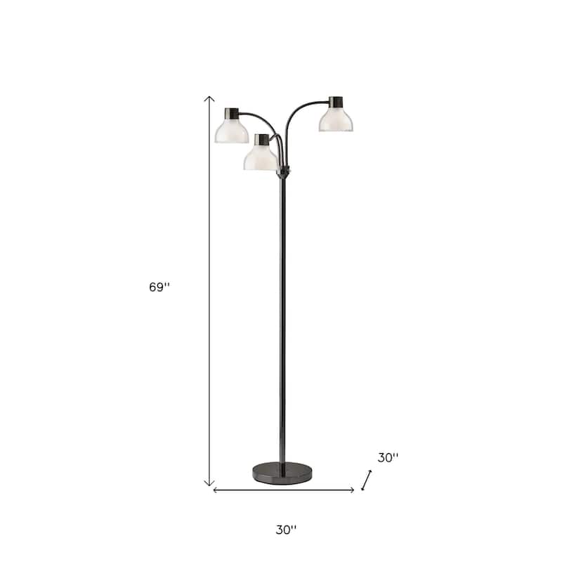 69" Black Three Light Tree Floor Lamp With White Bowl Shade