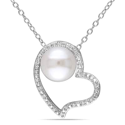 Miadora 8-8.5mm White Cultured Freshwater Pearl and 1/10 ct TW Diamond Heart Sterling Silver