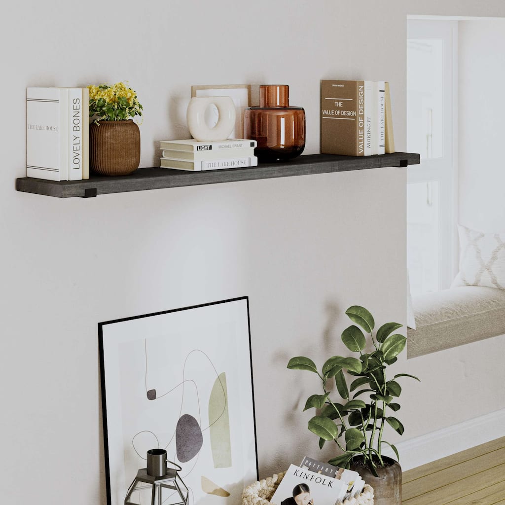 Wallniture Forte Wood Board 60" Long, 9.25'' Deep, 1.5" Thick, Floating Wall Shelf, Hanging Bookshelf, Kitchen, Ebony, 1Pc