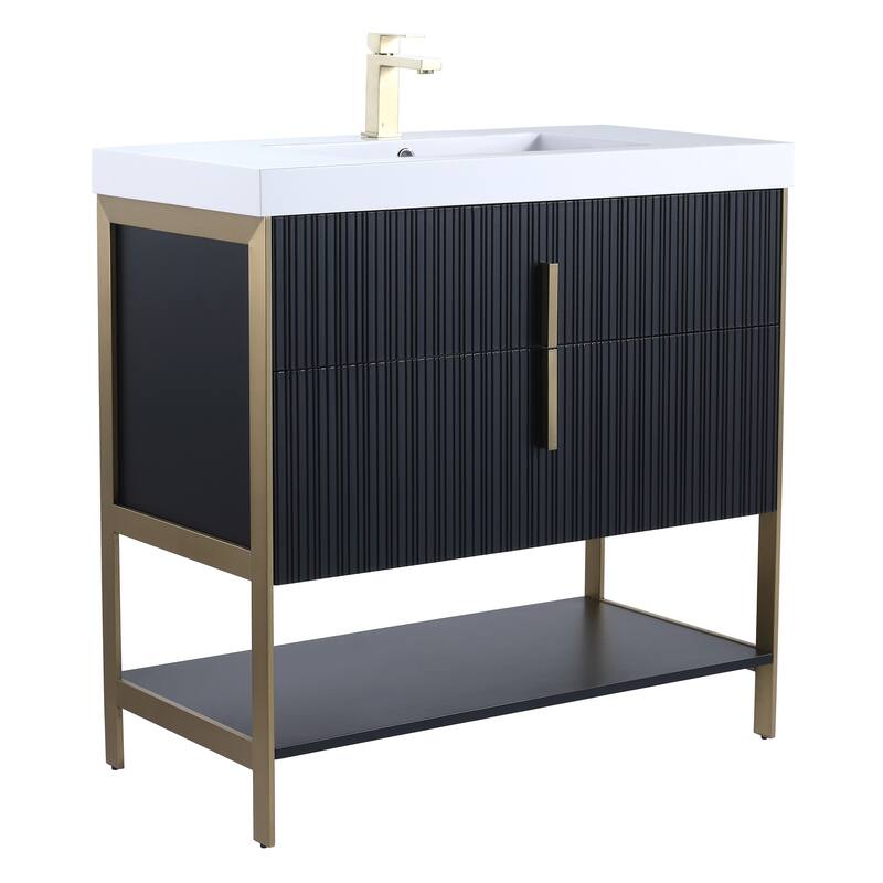Fine Fixtures Serenity Modern Bathroom Vanity with White Gel Acrylic Top - Black Matte - Brass Hardware - 36 inch