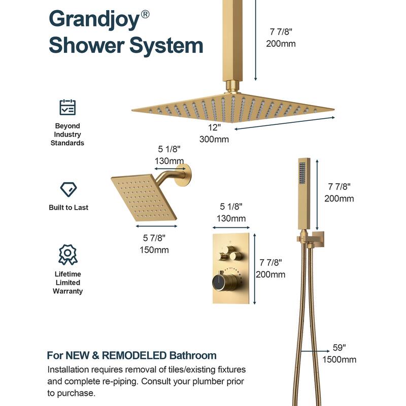 GRANDJOY Dual Shower Heads 12" Rainfall Shower System with 4-Piece Bathroom Towel Rack Combo Set