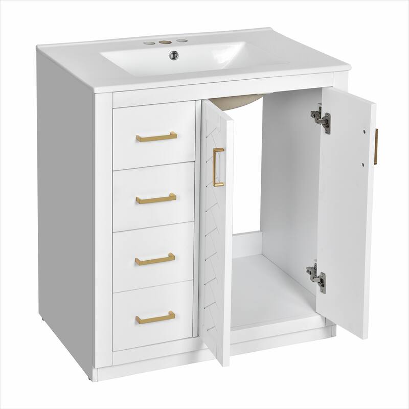 GDFStudio - Montvale Modern Freestanding Bathroom Vanity with Ceramic Sink and 3 Storage Drawers & Soft Closing Doors - 30'W