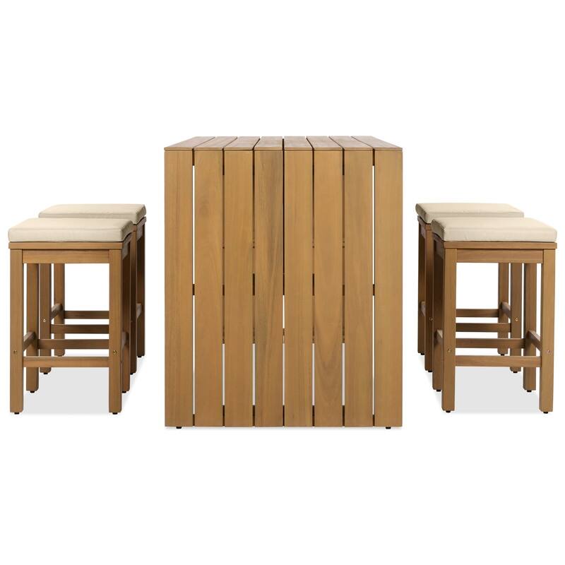 5 Piece Outdoor Bar Set, Patio Acacia Wood Dining Bar Set for Backyard