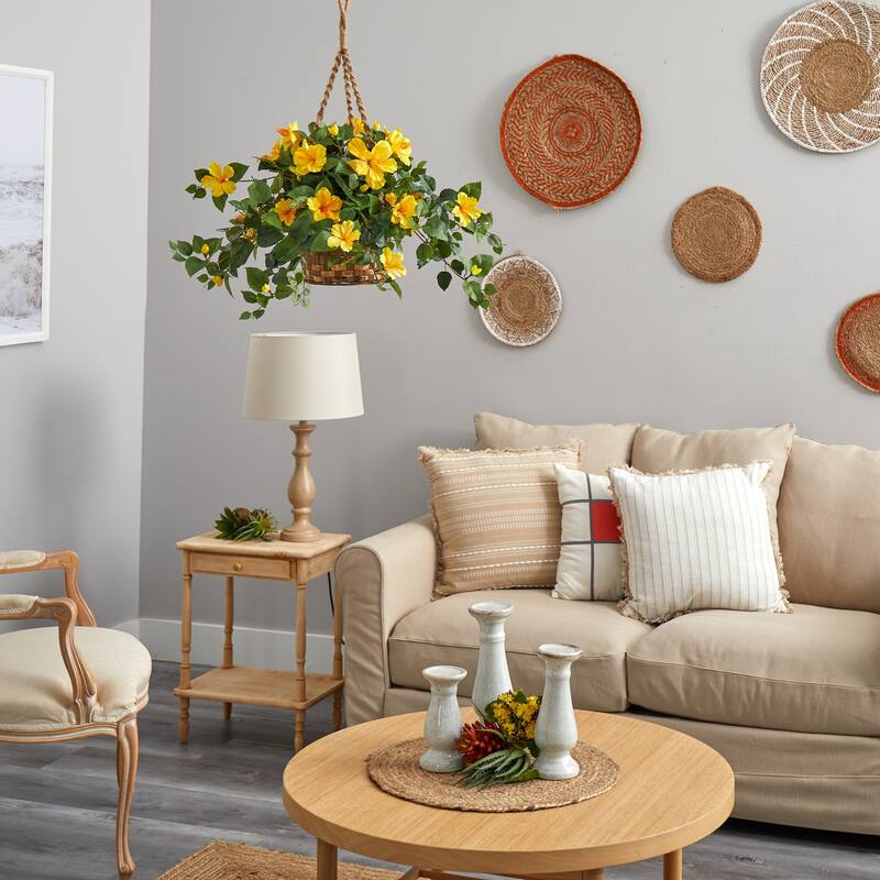 Hibiscus Hanging Basket - Decorative Flower Basket for Home Office Decor - Artificial Hanging Plants