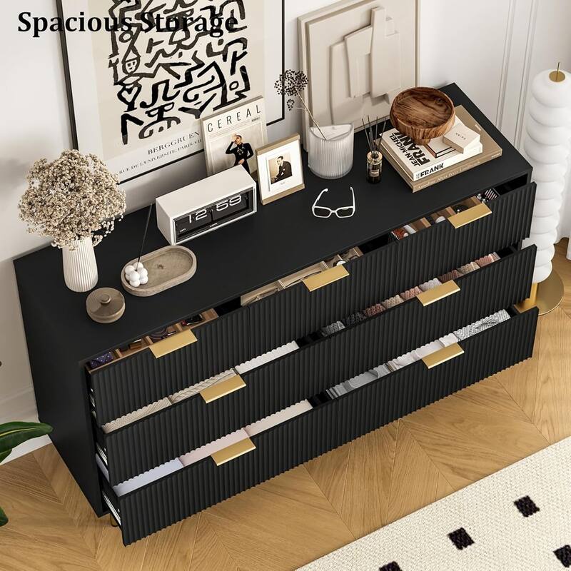 7 Drawer Dresser for Bedroom, Fluted Chest with Gold Handle, Wood Organizer for Closet, Living Room, Hallway