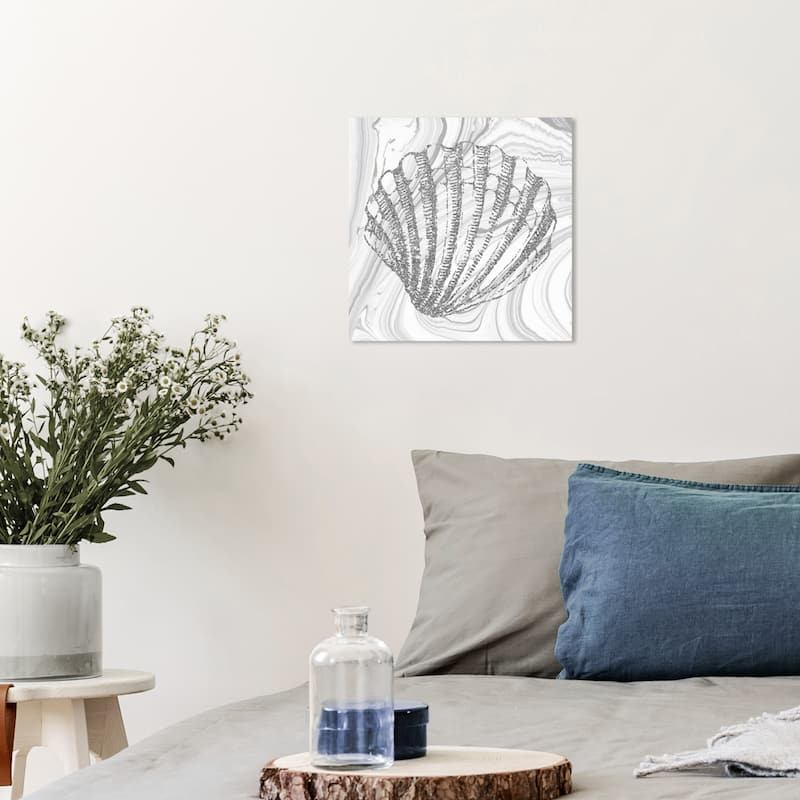 Wynwood Studio Canvas Nautical and Coastal Glitter Silver Seashell Gray and Silver Nautical & Coastal Wall Art Canvas Print - 12 x 12