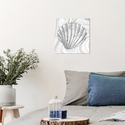 Wynwood Studio Canvas Nautical and Coastal Glitter Silver Seashell Gray and Silver Nautical & Coastal Wall Art Canvas Print