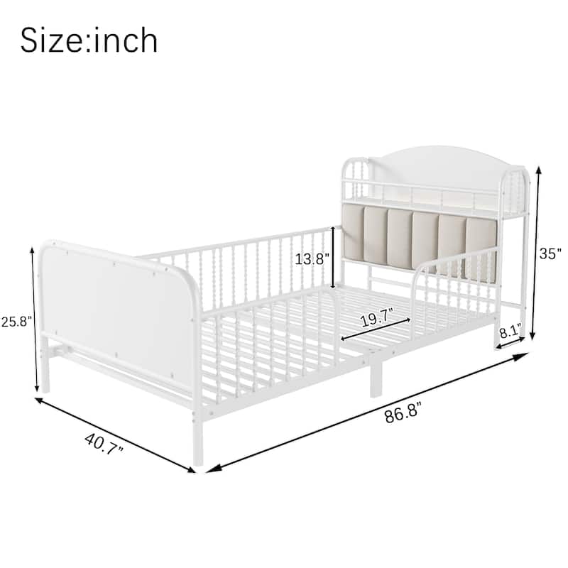 Kids Platform Bed Metal Frame with Linen Fabric Upholstered Storage Headboard Built-in Light Strip, Both Sides Rails