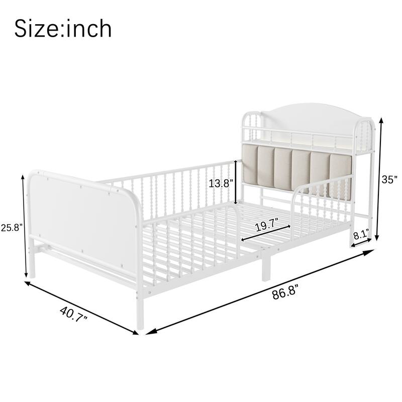 Twin Size LED Platform Bed with Upholstered Headboard & Storage, White Metal Frame for Kids Room