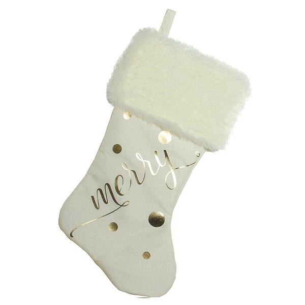 slide 2 of 2, 19" Ivory White Gold Foil "Merry" Stocking White Faux Fur Cuff