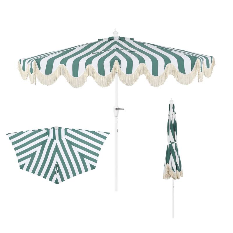 9ft Half Market Umbrella, Scalloped, Crank, Tilt, UV, by JONATHAN Y - Green/White Pole