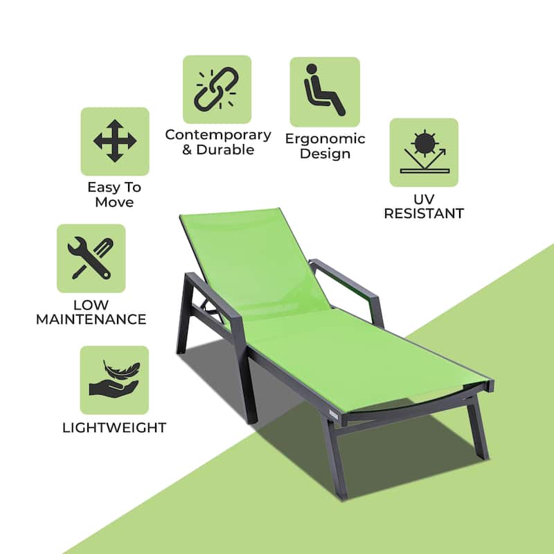 Marlin Outdoor Stackable Mesh Sun Chaise Lounge Chair with Arms and Adjustable Backrest for Pool, Beach, Patio, and Garden