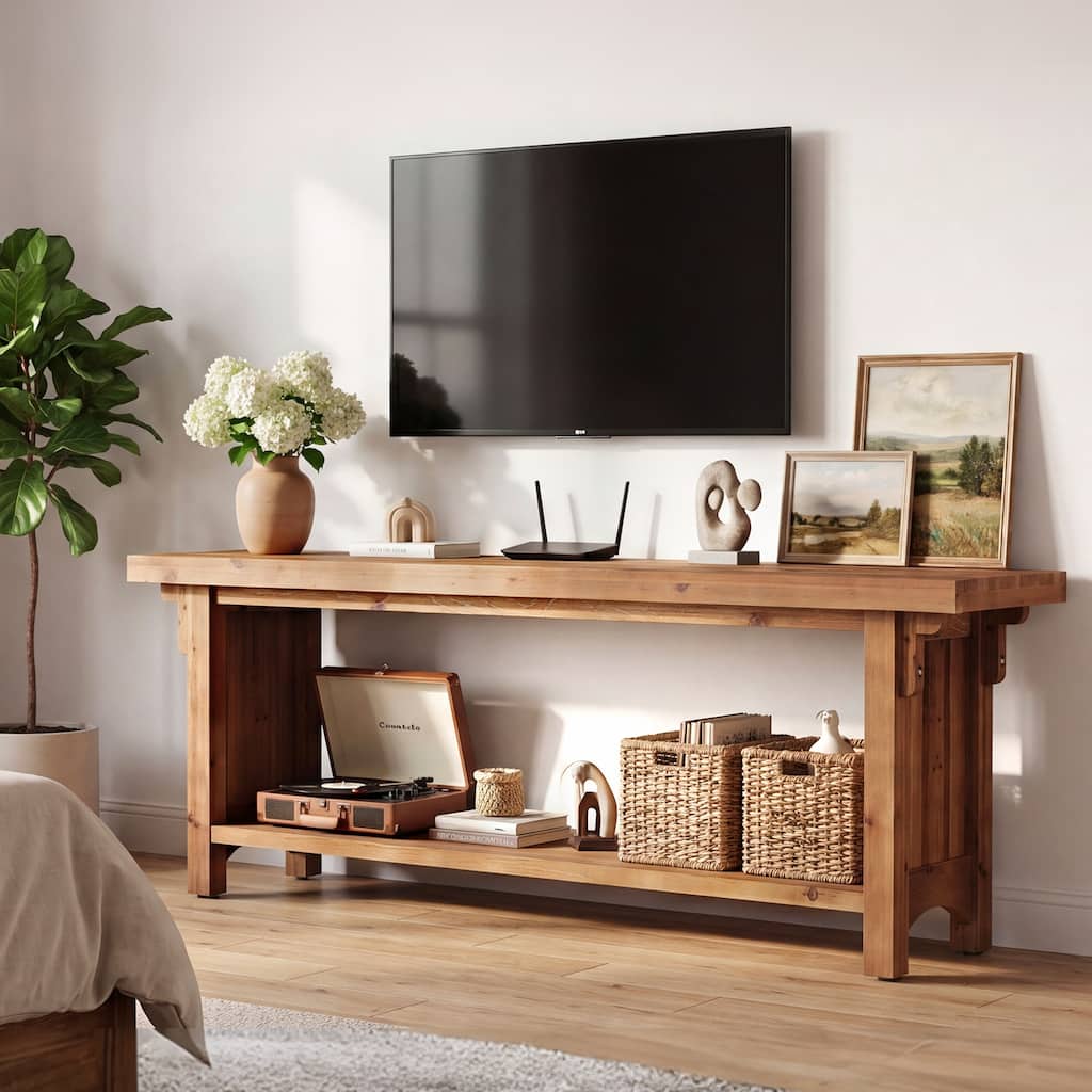 Solid Wood TV Stand for 55/60/65" TVs, Farmhouse Wooden Media Console