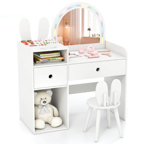 slide 2 of 22, Costway Princess Bunny Makeup Table with Lighted Mirror, Open Shelves - See Details White