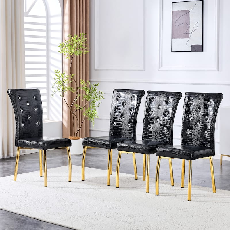 Set of 4, Retro alligator skin Upholstered dining chairs,with Crystal buckle design and Faux Leather design - Black+Gold