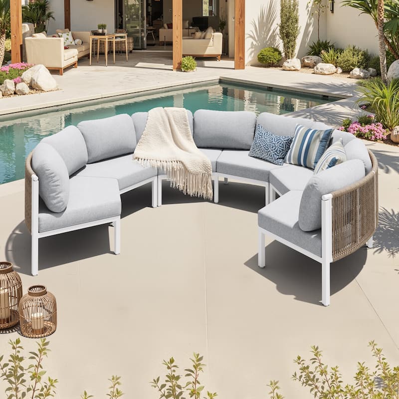 Outdoor Curved Half-moon-shaped Sofa Rattan Sectional Sofa Patio Furniture Set Outdoor Conversation Sets - 6-seater - Light Grey