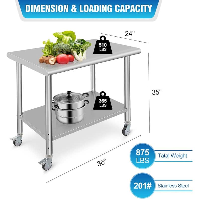 Stainless Steel Prep Table 36 x 24 Inch with 4 Wheels and Under Shelf