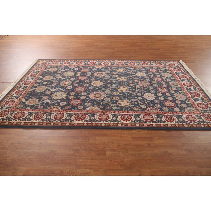 All-Over Floral Blue Tabriz Oriental Area Rug Hand-Knotted Wool Carpet - 5'9" x 8'10"