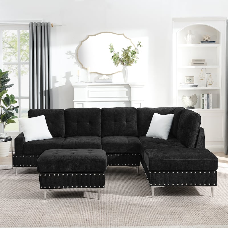 Chenille L-Shaped Sectional Sofa with Chaise & Storage Ottoman, Corner Sofa with 2 Pillows, Metal Legs & Copper Nails