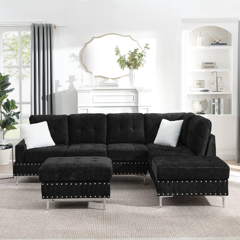 Roomfitters Sectional 3-Seater Sofa with Chaise, Storage Ottoman, Metal Legs, Nailhead Trim and Two Pillows