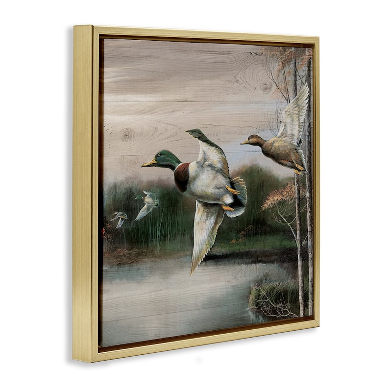Stupell Flying Ducks in Rustic Nature Framed Floater Canvas Wall Art Design By Ruane Manning
