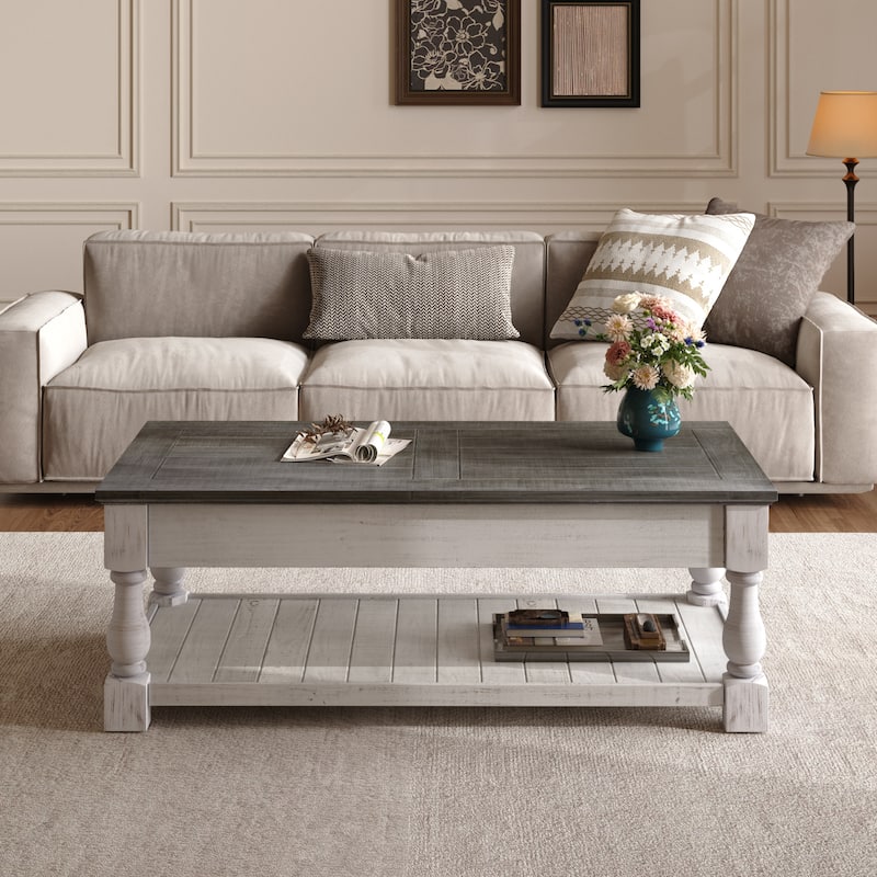 Farmhouse 47.24" Lift Top Coffee Table with Storage Trays Handcrafted Solid Wood for Stylish Living Room Storage