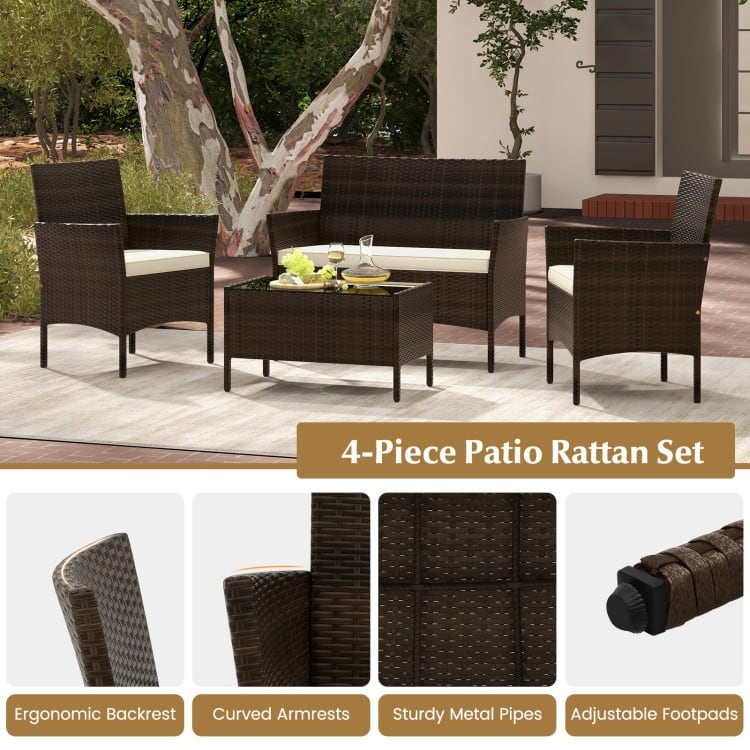 4 Piece Outdoor Rattan Patio Set with Cushions and Glass Table - 39.5" x 22.5" x 32"