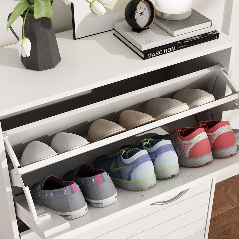 Timechee 8 Pair Shoe Storage Cabinet with 2 Drawers, Wood Louver Door