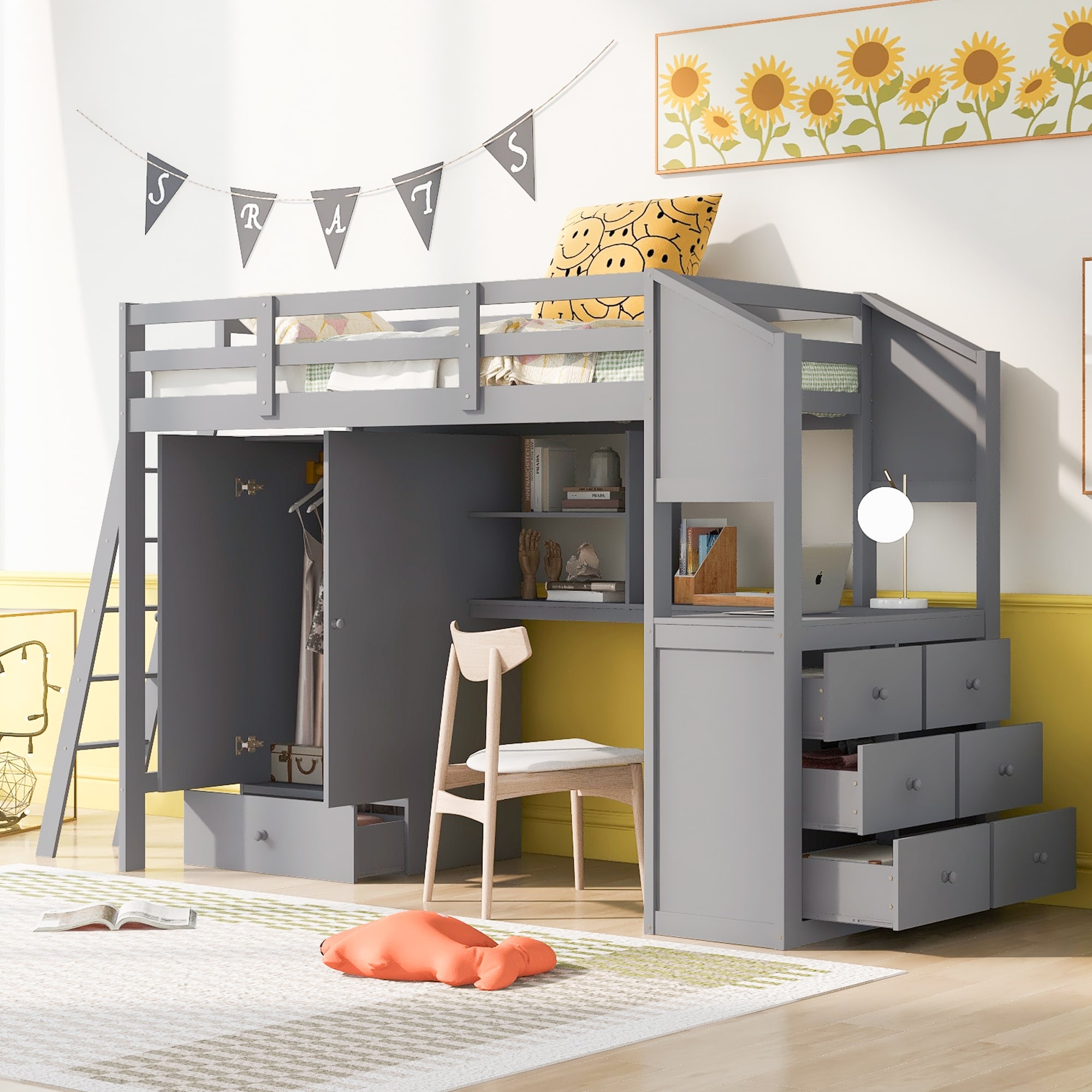 Pine Wood Loft Bed with Wardrobe Desk and Swappable Ladder Bed