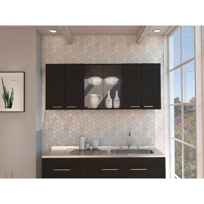 TUHOME Superior 150 Wall Cabinet with Glass Doors, 2 Double Cabinets, 4 Inner Shelves, Dish Rack and Cup Rack - N/A