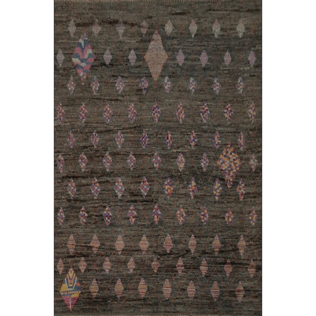 Hand Knotted Oriental 100% Wool Carpet Modern Geometric Greys & Charcoal Moroccan Area Rug - 12' 0'' X 9' 5''