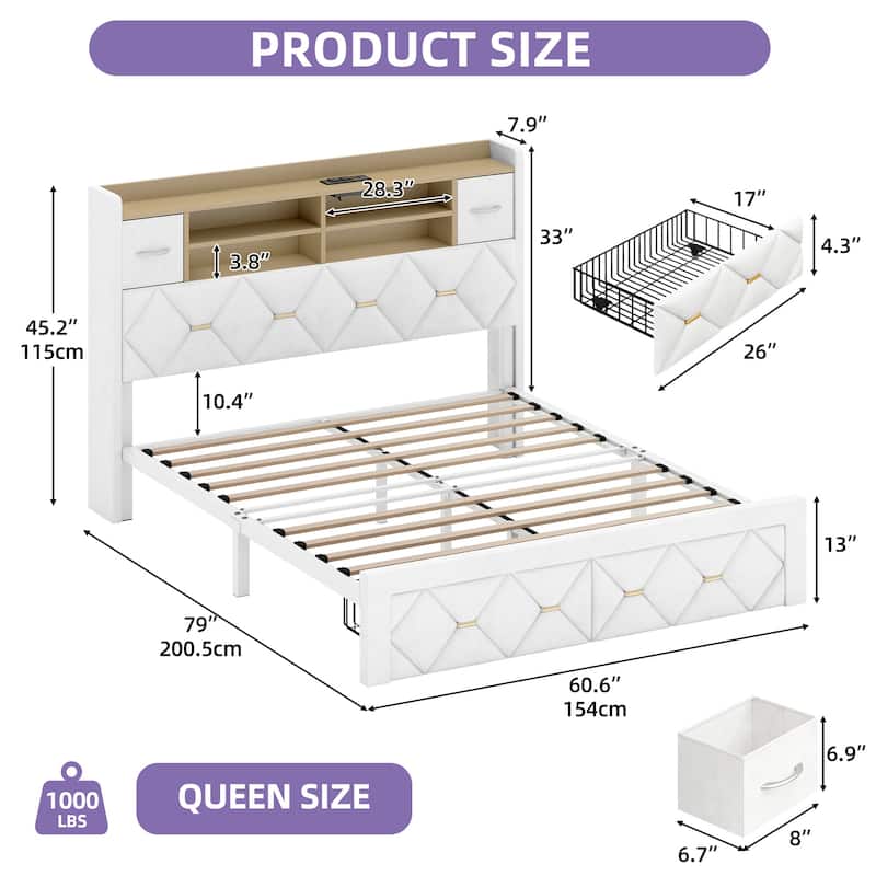 Farmhouse Bed Frame Upholstered Headboard Platform Bed with Charging Station